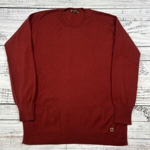Loro Piana Cashmere Sweater Long Women's Sz 42 Pockets Red Wool Leather Trim